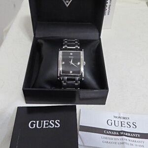 GUESS MENS BLACK RECTANGULAR STEEL SERIES DRESS WATCH
